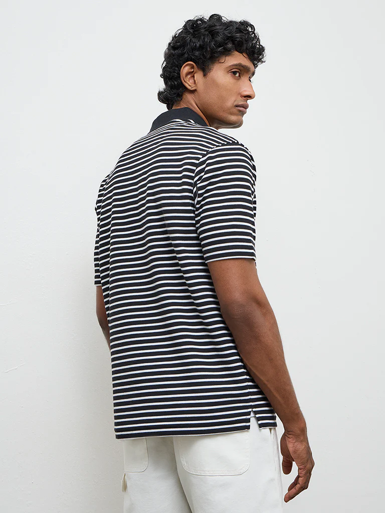 WES Casuals Black Striped Relaxed-Fit Polo T-Shirt - Image 5
