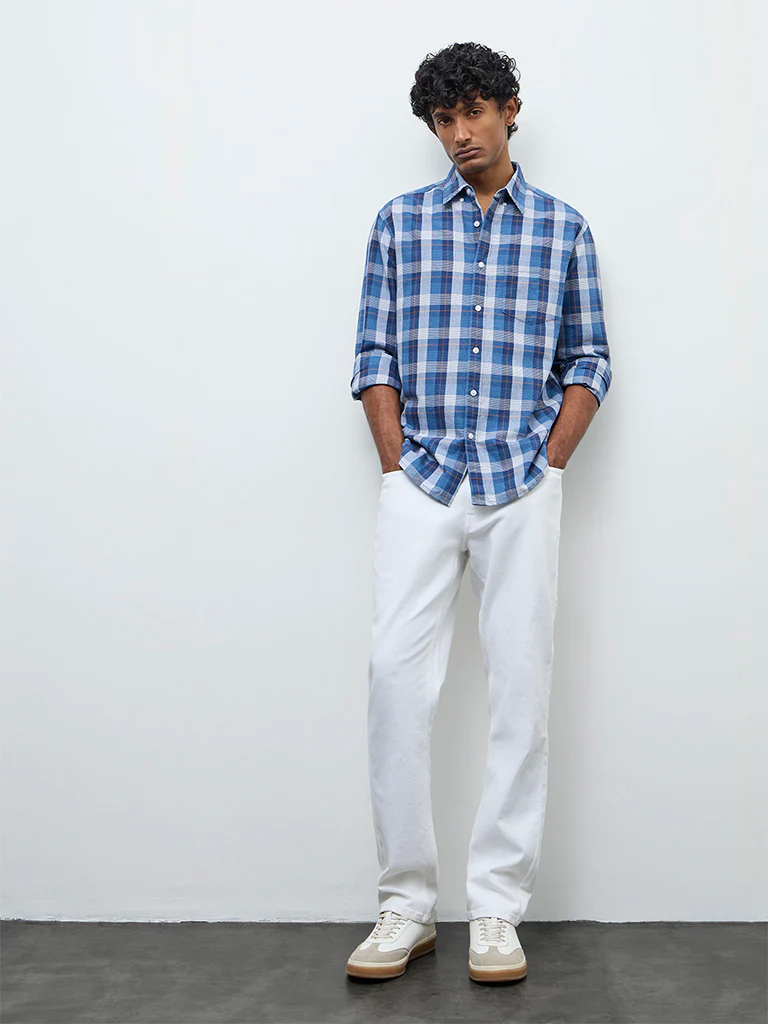 WES Casuals Blue Checkered Relaxed Fit Cotton Shirt - Image 2