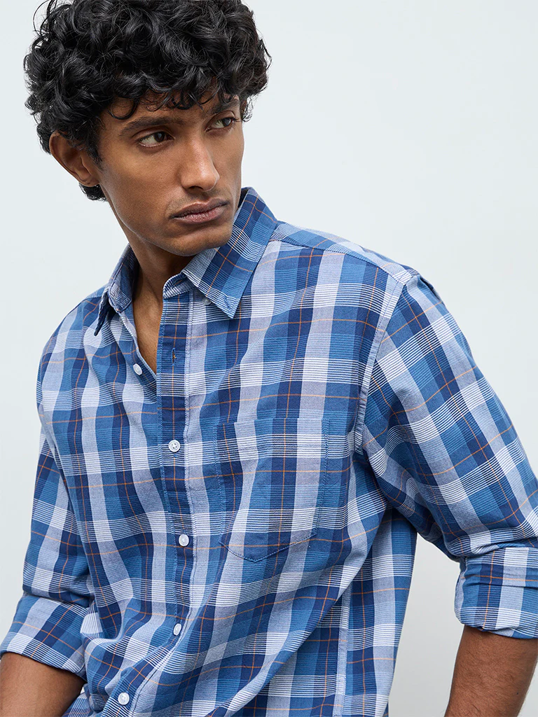 WES Casuals Blue Checkered Relaxed Fit Cotton Shirt - Image 3