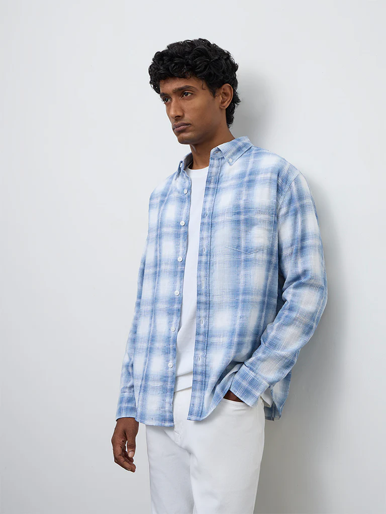 WES Casuals Blue Checkered Relaxed-Fit Cotton Shirt - Image 2