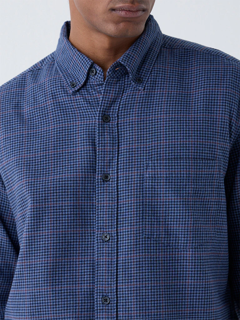 WES Casuals Blue Checks Detailed Relaxed-Fit Cotton Shirt - Image 3