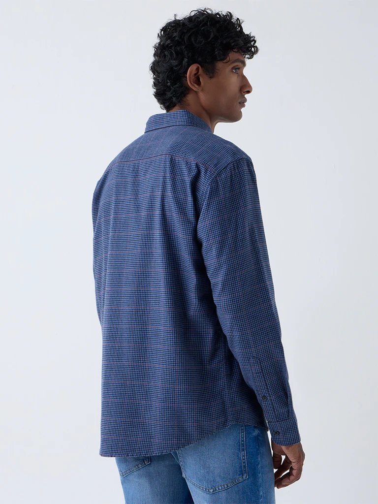 WES Casuals Blue Checks Detailed Relaxed-Fit Cotton Shirt - Image 4