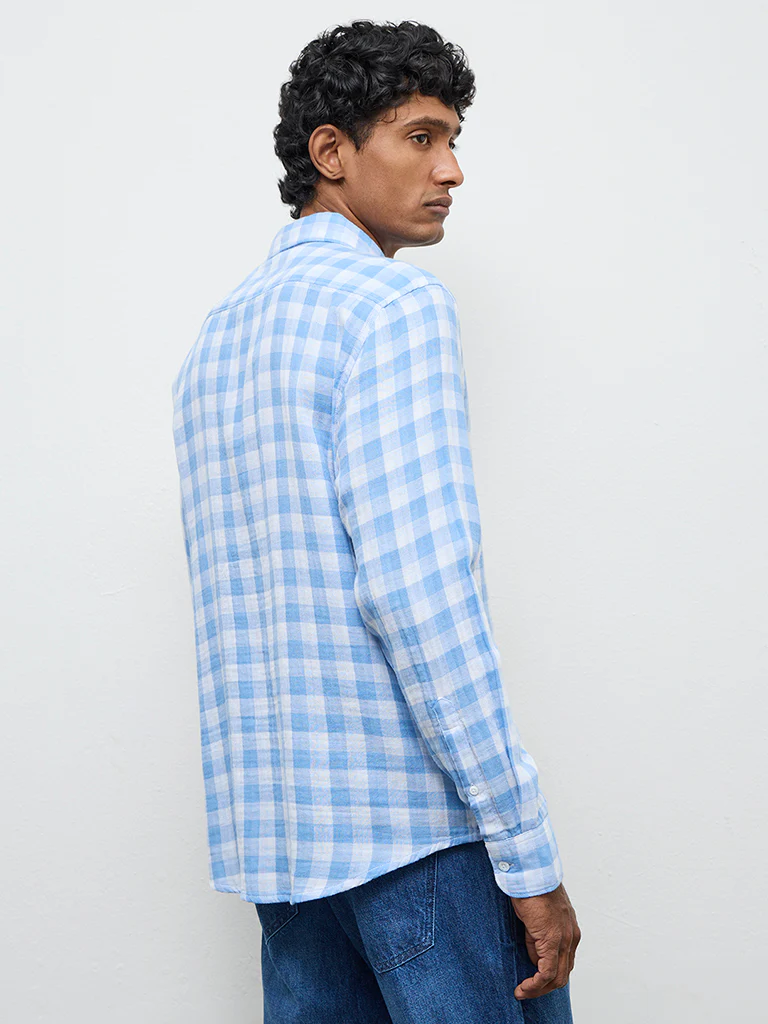 WES Casuals Blue Checks Printed Relaxed-Fit Cotton Shirt - Image 5