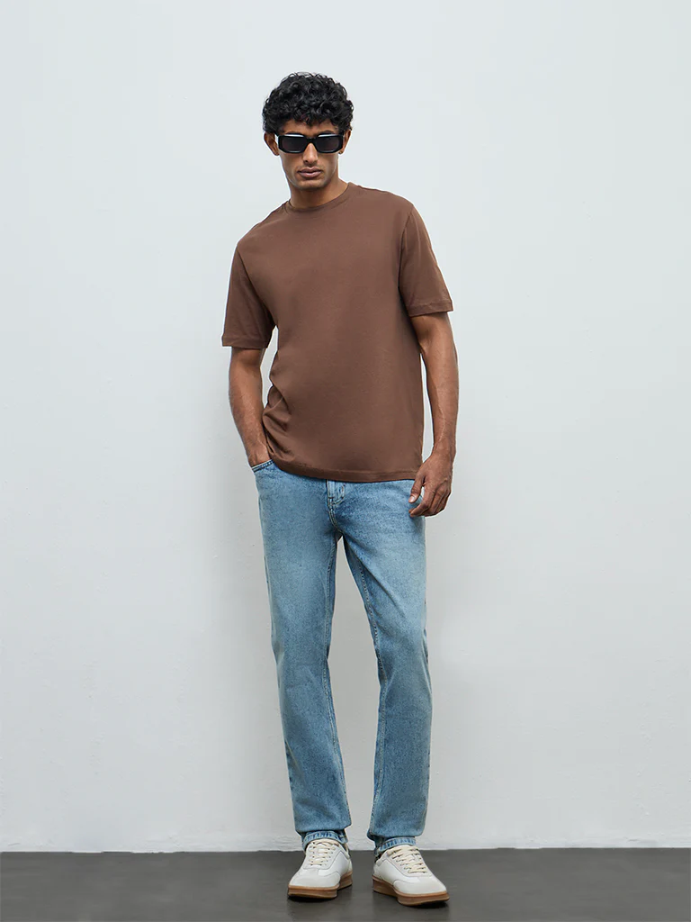 WES Casuals Blue Faded Slim-Fit Mid-Rise Jeans