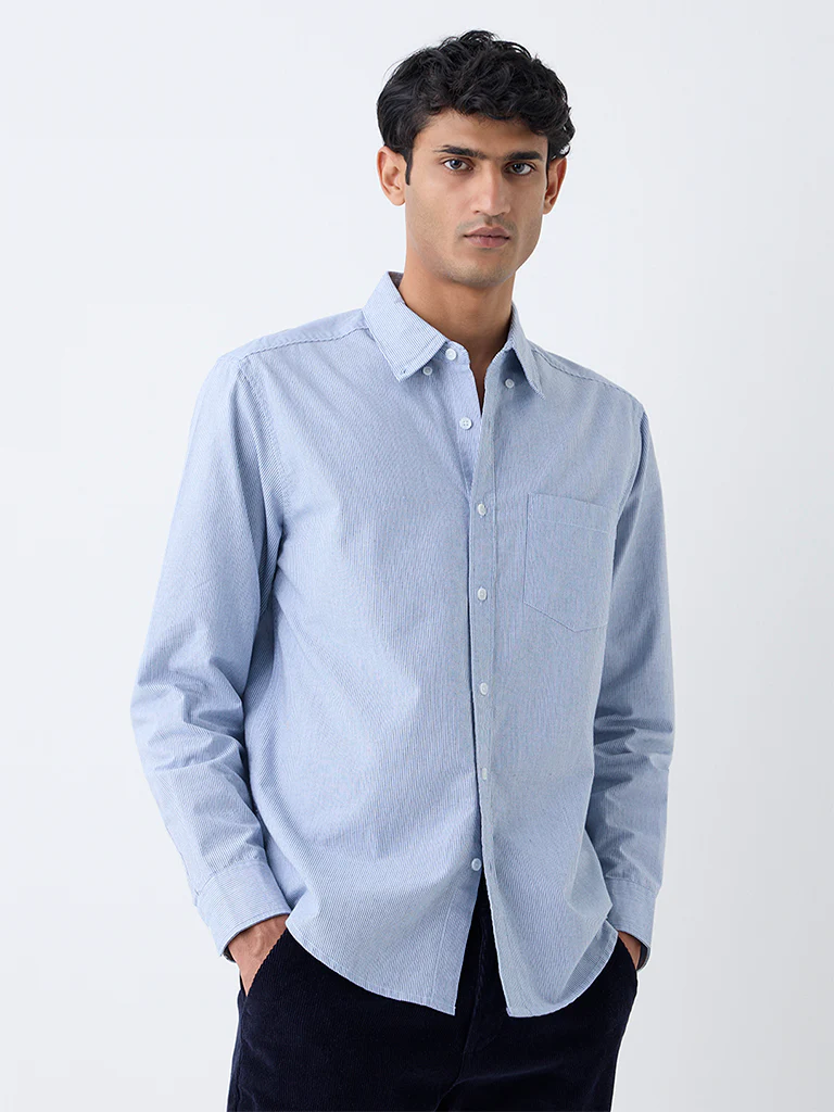 WES Casuals Blue Pinstriped Cotton Relaxed-Fit Cotton Shirt