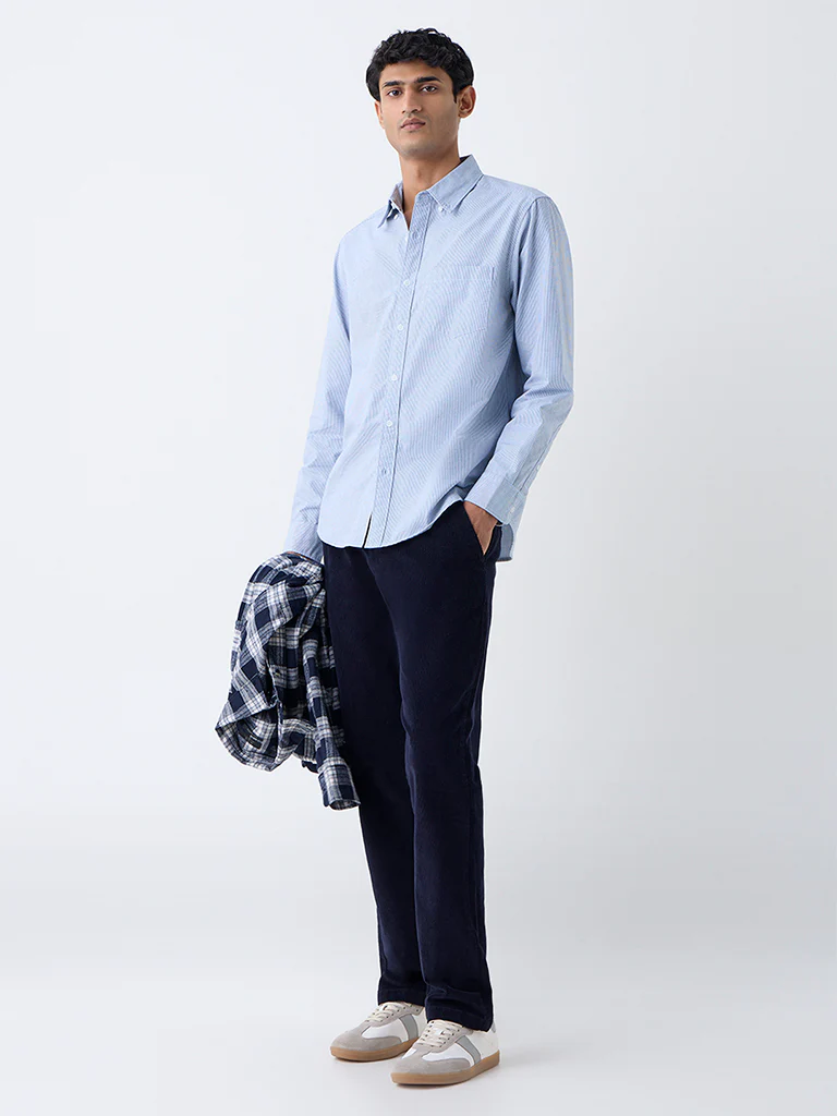 WES Casuals Blue Pinstriped Cotton Relaxed-Fit Cotton Shirt - Image 2