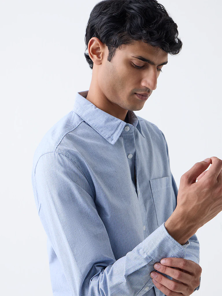 WES Casuals Blue Pinstriped Cotton Relaxed-Fit Cotton Shirt - Image 3