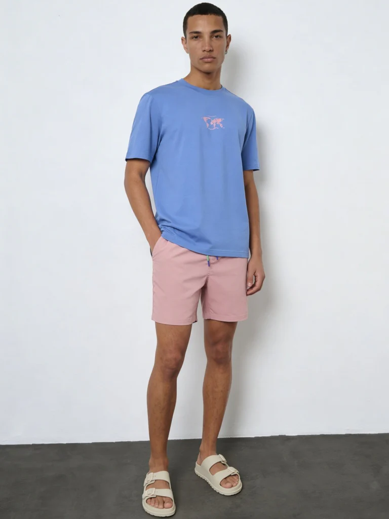 WES Casuals Blue Printed Relaxed-Fit Cotton Swimwear T-Shirt