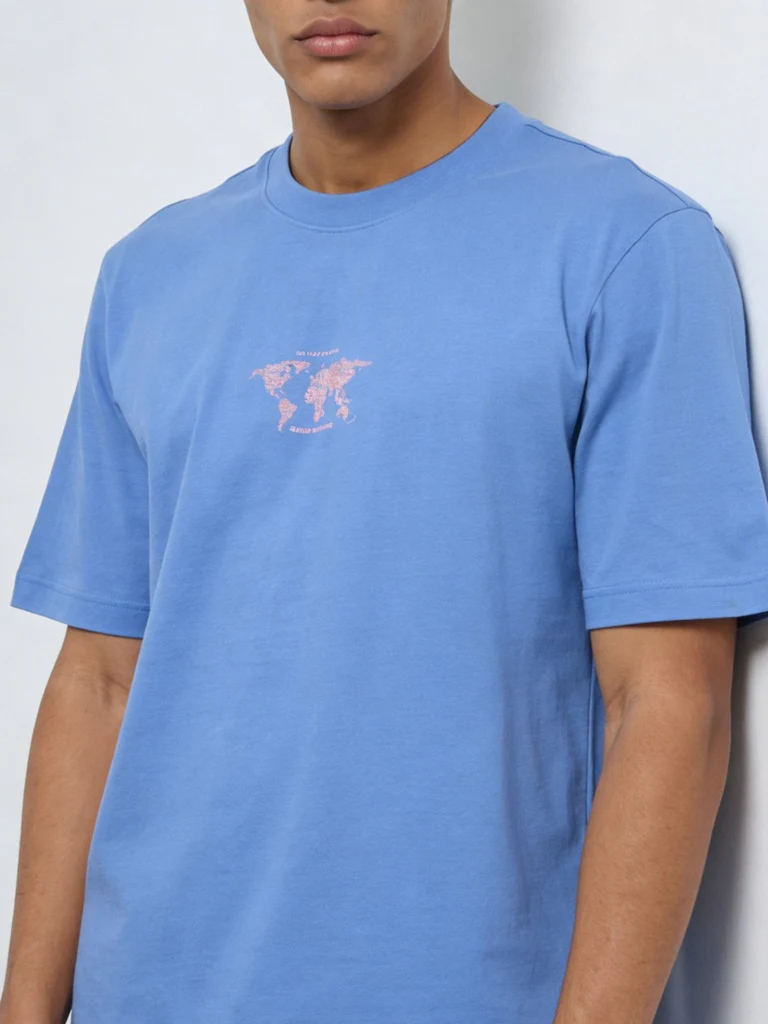 WES Casuals Blue Printed Relaxed-Fit Cotton Swimwear T-Shirt - Image 2