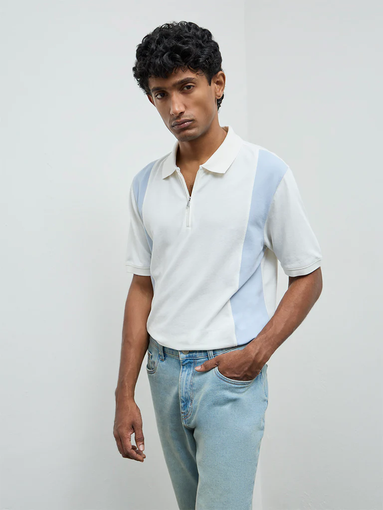 WES Casuals Blue Relaxed-Fit Cotton-Blend Quarter-Zip Polo T-Shirt