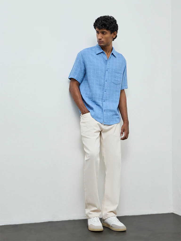 WES Casuals Blue Self-Textured Relaxed-Fit Cotton Shirt - Image 2