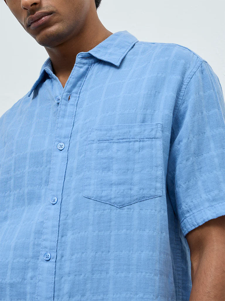 WES Casuals Blue Self-Textured Relaxed-Fit Cotton Shirt - Image 3
