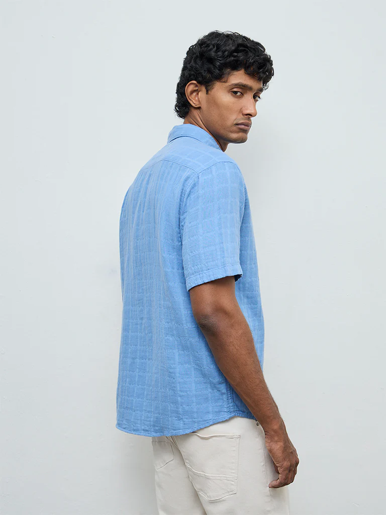 WES Casuals Blue Self-Textured Relaxed-Fit Cotton Shirt - Image 4