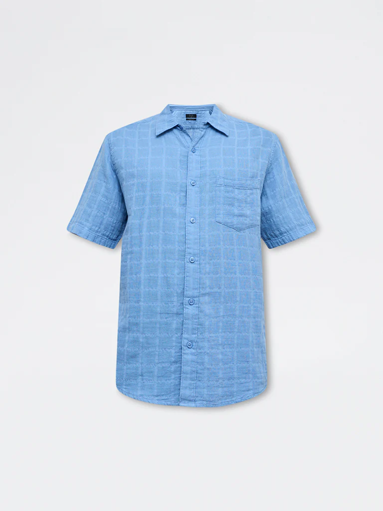 WES Casuals Blue Self-Textured Relaxed-Fit Cotton Shirt - Image 5