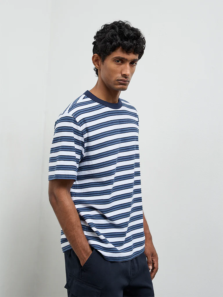 WES Casuals Blue Stripe Relaxed-Fit Cotton T-Shirt - Image 3