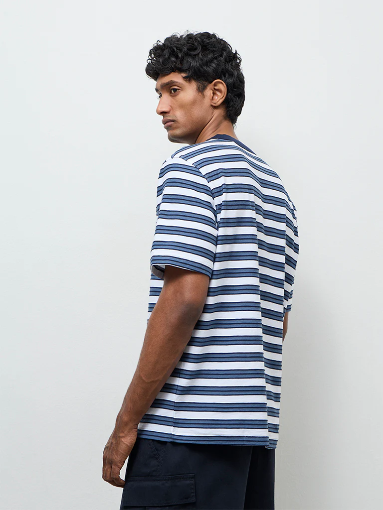 WES Casuals Blue Stripe Relaxed-Fit Cotton T-Shirt - Image 5