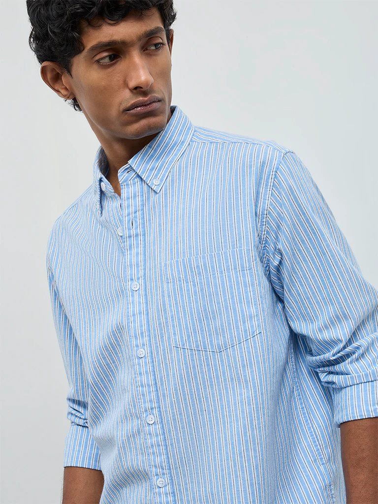 WES Casuals Blue Striped Relaxed-Fit Cotton-Blend Shirt - Image 3