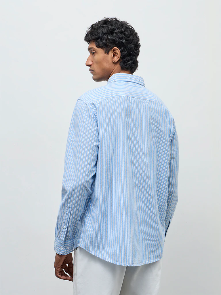 WES Casuals Blue Striped Relaxed-Fit Cotton-Blend Shirt - Image 4