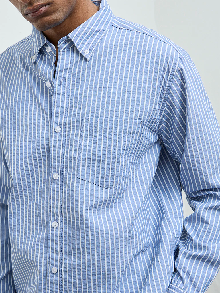 WES Casuals Blue Striped Relaxed-Fit Cotton-Blend Shirt - Image 3