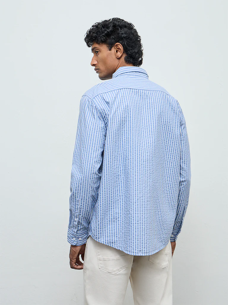 WES Casuals Blue Striped Relaxed-Fit Cotton-Blend Shirt - Image 4