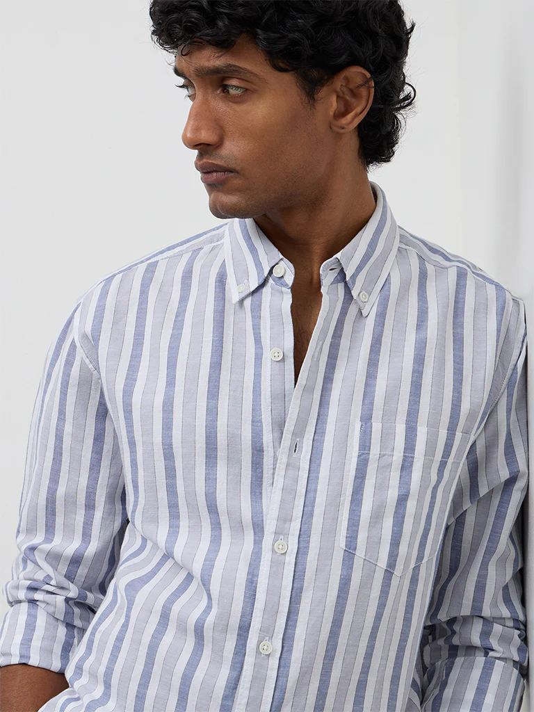 WES Casuals Blue Striped Relaxed-Fit Cotton-Blend Shirt - Image 3