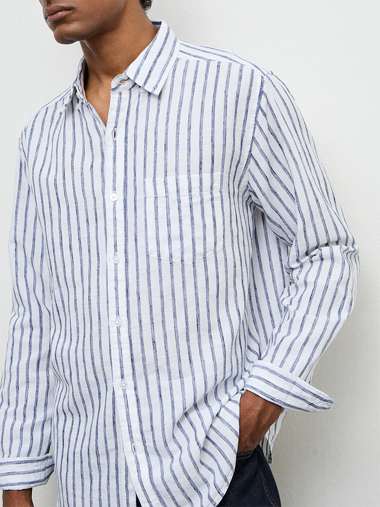 WES Casuals Blue Striped Relaxed-Fit Cotton-Blend Shirt - Image 3