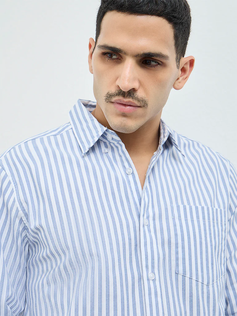 WES Casuals Blue Striped Relaxed-Fit Cotton Shirt - Image 3