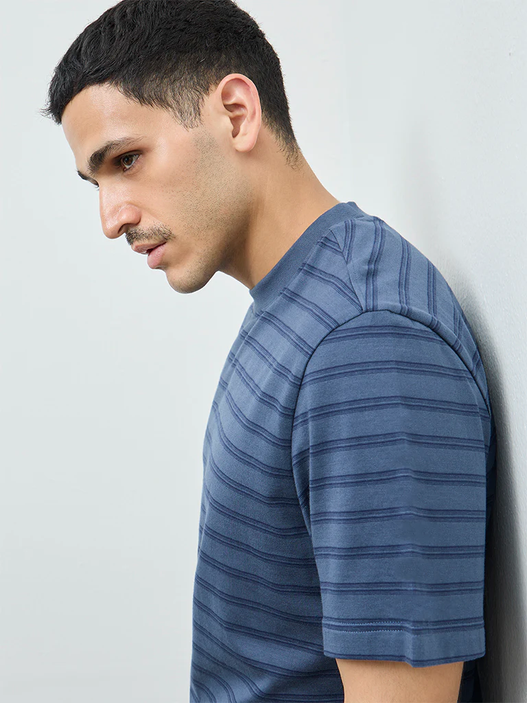 WES Casuals Blue Striped Relaxed-Fit Cotton T-Shirt - Image 4