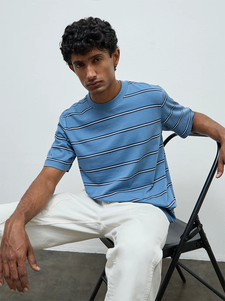 WES Casuals Blue Striped Relaxed-Fit Cotton T-Shirt