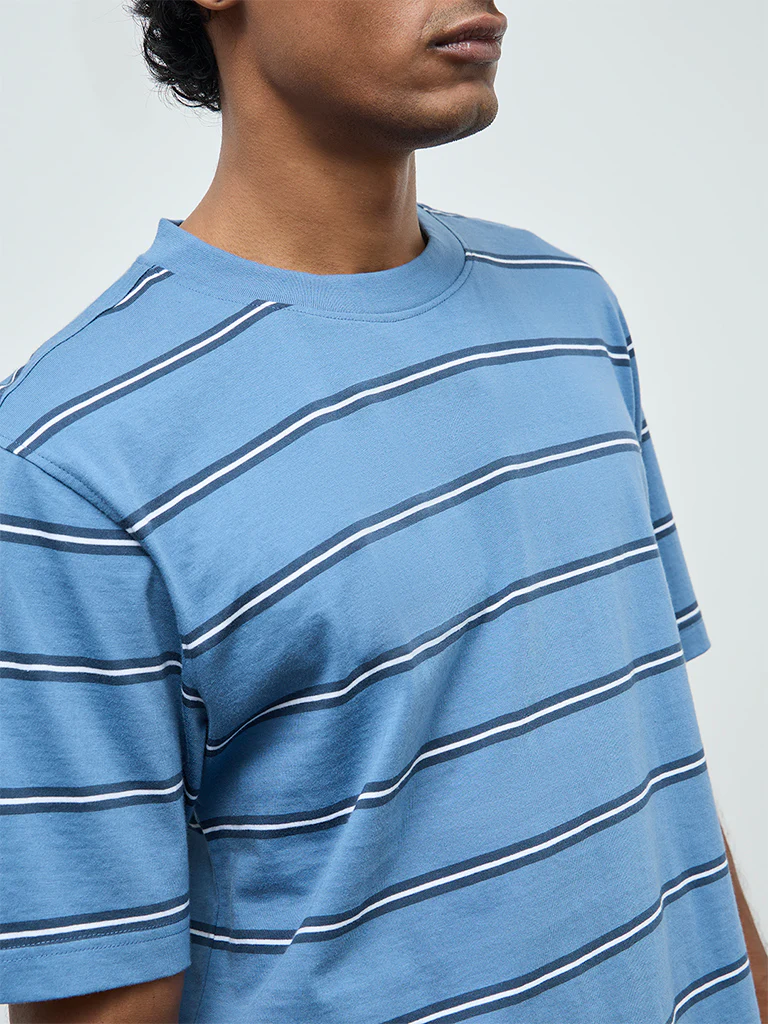 WES Casuals Blue Striped Relaxed-Fit Cotton T-Shirt - Image 4