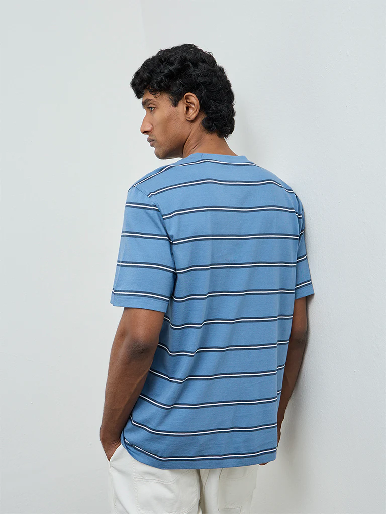 WES Casuals Blue Striped Relaxed-Fit Cotton T-Shirt - Image 5