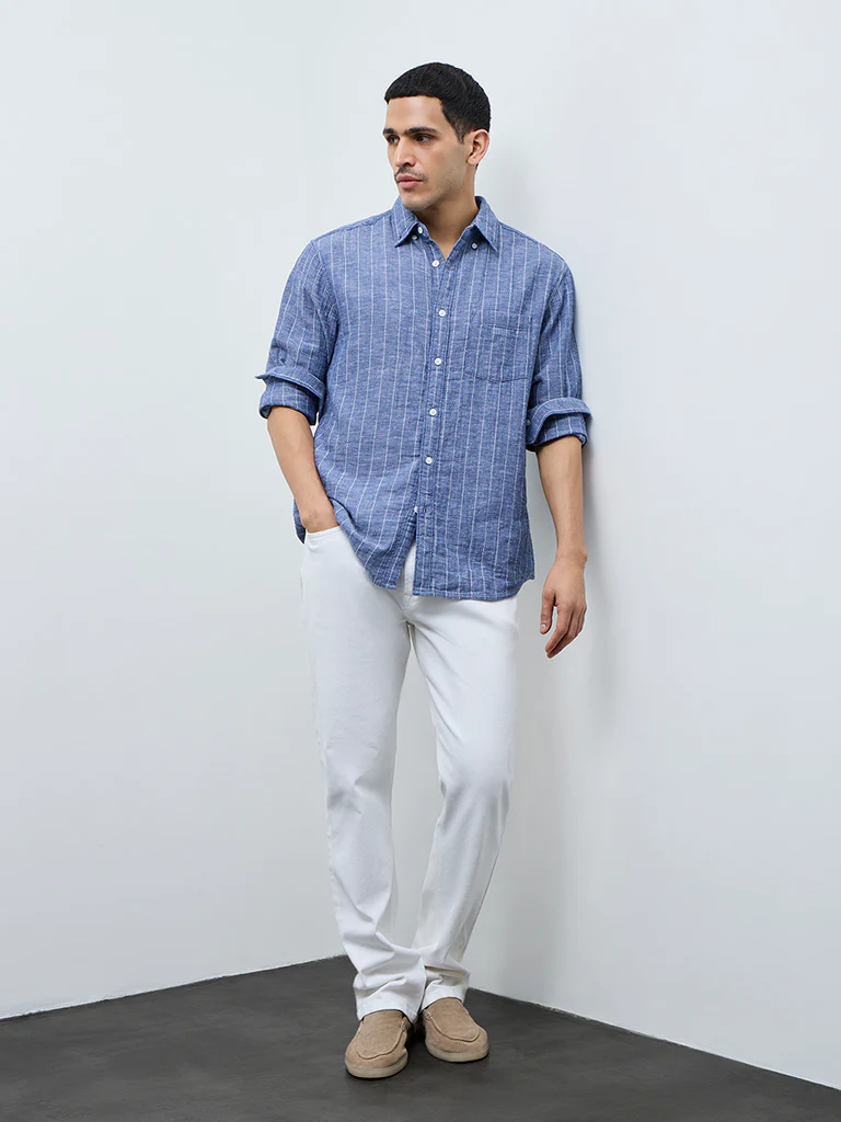 WES Casuals Blue Striped Relaxed-Fit Shirt