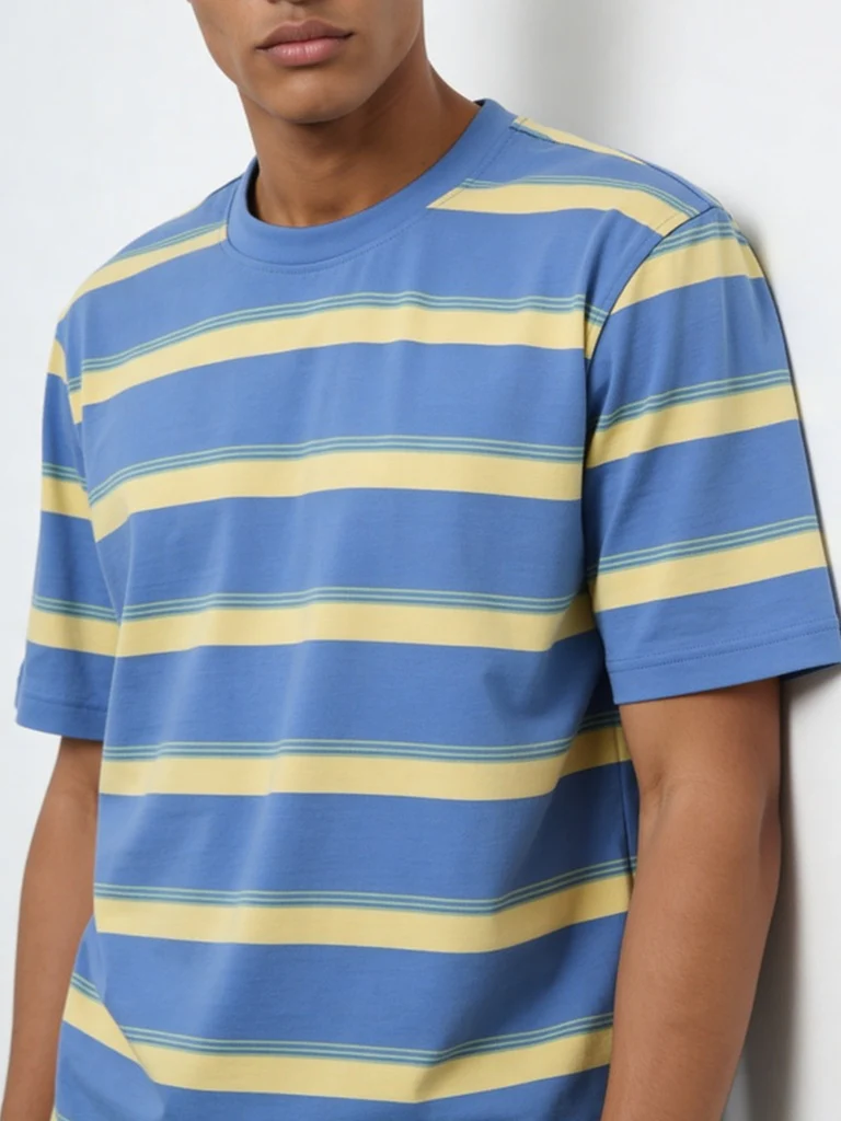 WES Casuals Blue Striped Relaxed-Fit Swimwear T-Shirt - Image 3