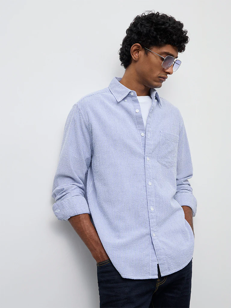 WES Casuals Blue Striped Slim-Fit Cotton Shirt - Image 2