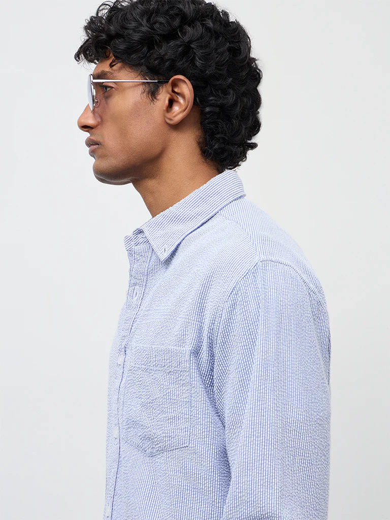 WES Casuals Blue Striped Slim-Fit Cotton Shirt - Image 3