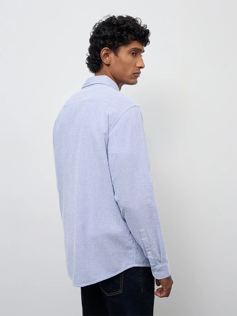 WES Casuals Blue Striped Slim-Fit Cotton Shirt - Image 4