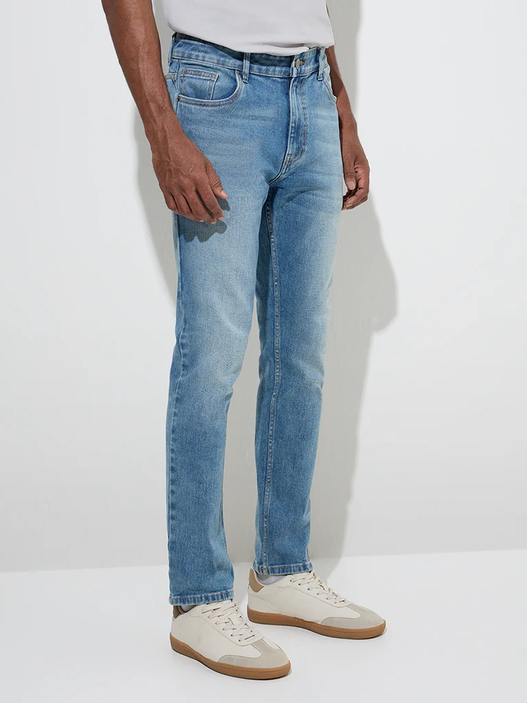 WES Casuals Blue Washed Slim-Fit Mid-Rise Jeans - Image 3