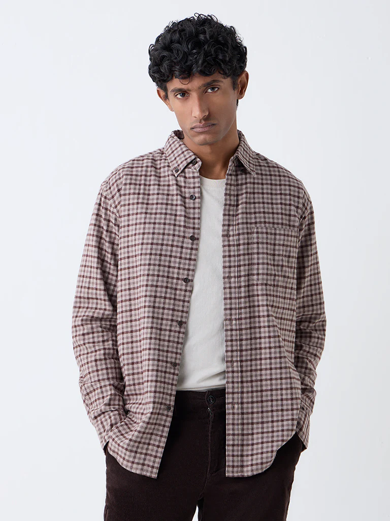 WES Casuals Brown Check Design Relaxed-Fit Cotton Shirt