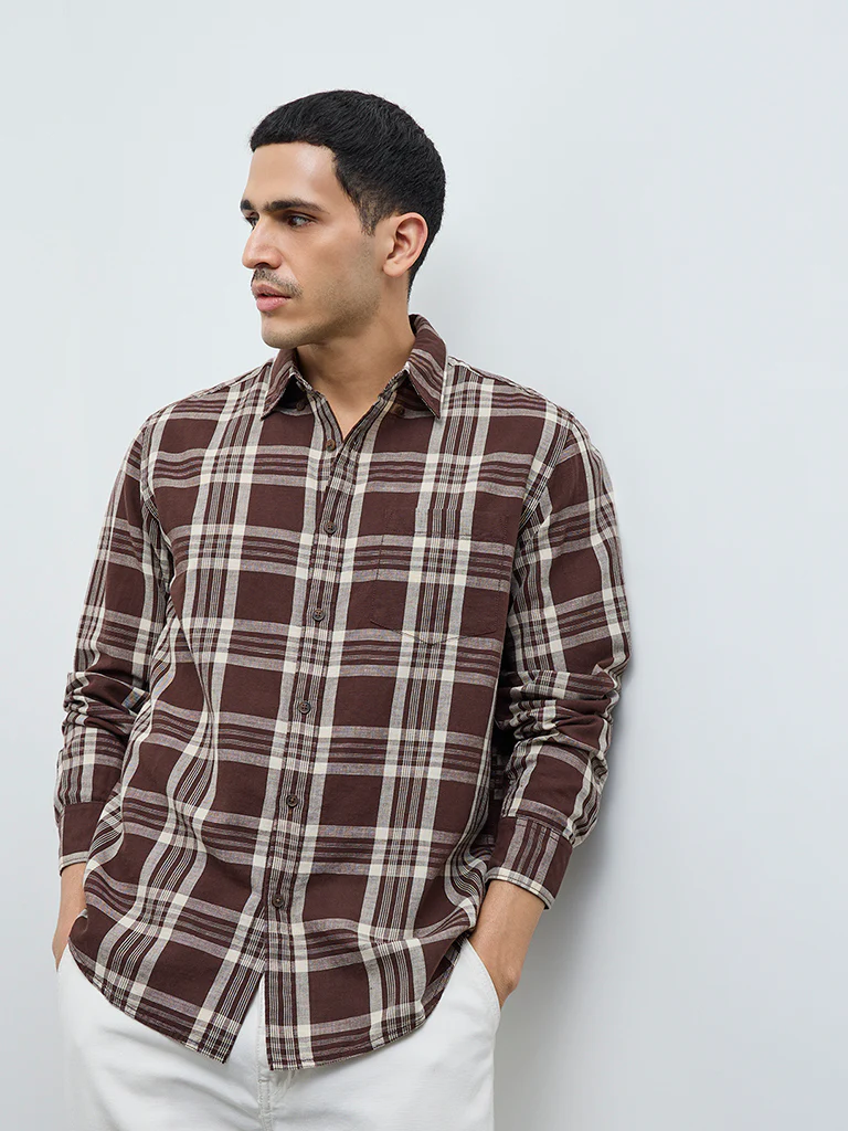 WES Casuals Brown Checkered Relaxed-Fit Cotton-Blend Shirt - Image 2
