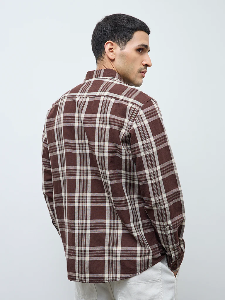 WES Casuals Brown Checkered Relaxed-Fit Cotton-Blend Shirt - Image 4