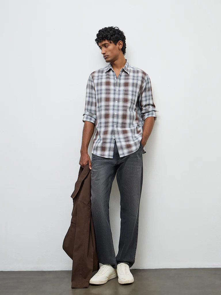 WES Casuals Brown Checkered Relaxed-Fit Cotton-Blend Shirt - Image 2