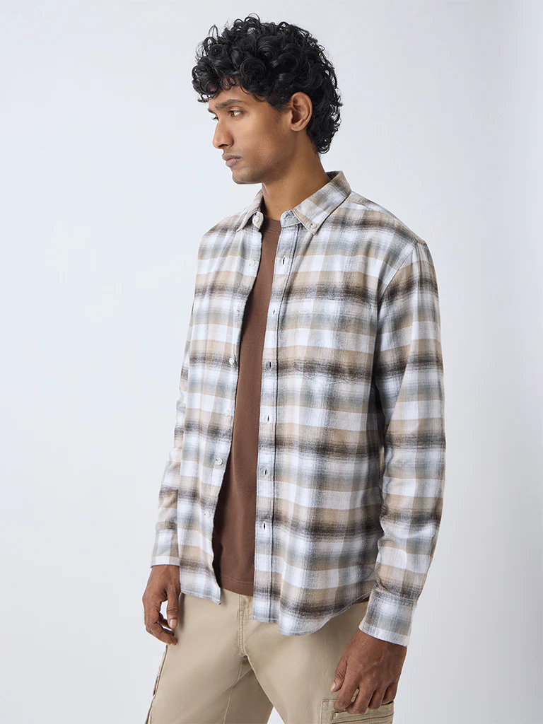 WES Casuals Brown Checks Design Relaxed-Fit Cotton Shirt - Image 2
