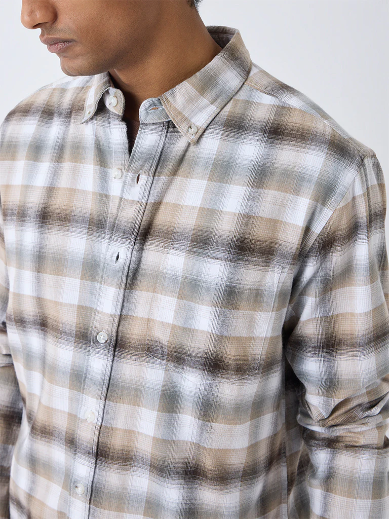 WES Casuals Brown Checks Design Relaxed-Fit Cotton Shirt - Image 3