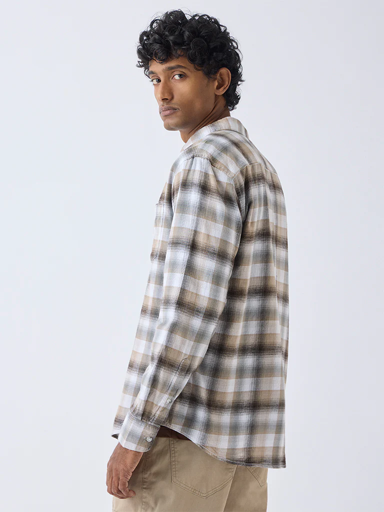 WES Casuals Brown Checks Design Relaxed-Fit Cotton Shirt - Image 4