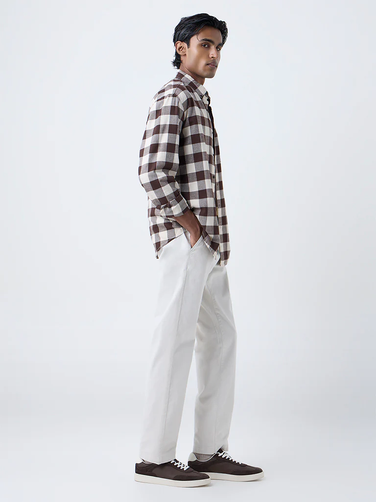 WES Casuals Brown Checks Printed Relaxed-Fit Cotton Shirt