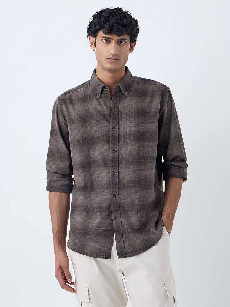 WES Casuals Brown Checks Printed Relaxed-Fit Cotton Shirt - Image 2