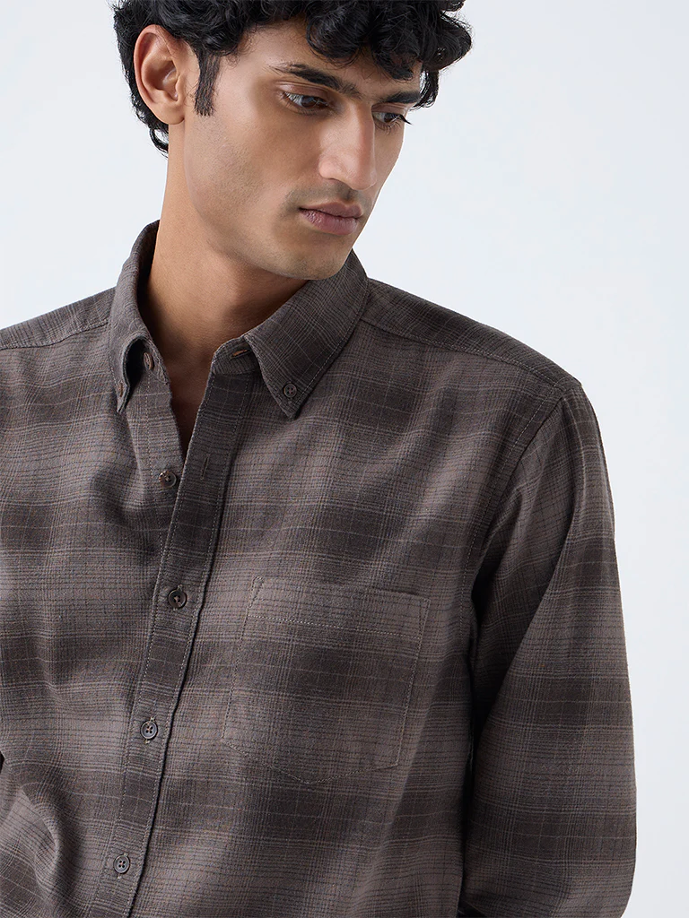 WES Casuals Brown Checks Printed Relaxed-Fit Cotton Shirt - Image 3