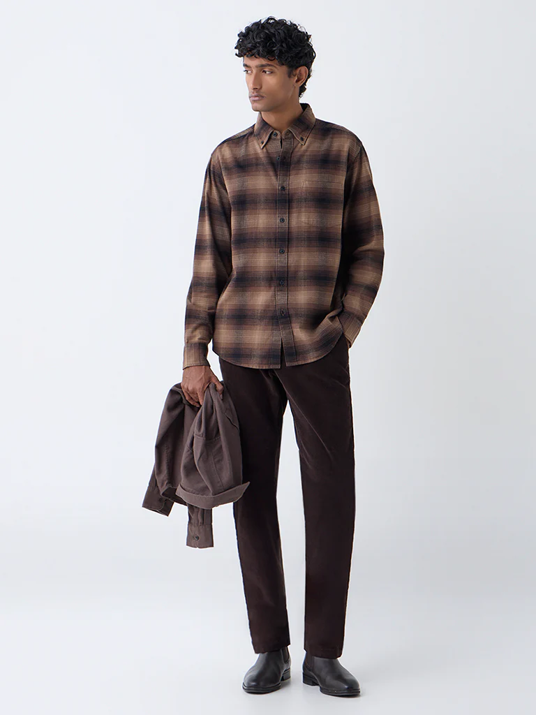 WES Casuals Brown Checks Printed Relaxed-Fit Cotton Shirt - Image 2
