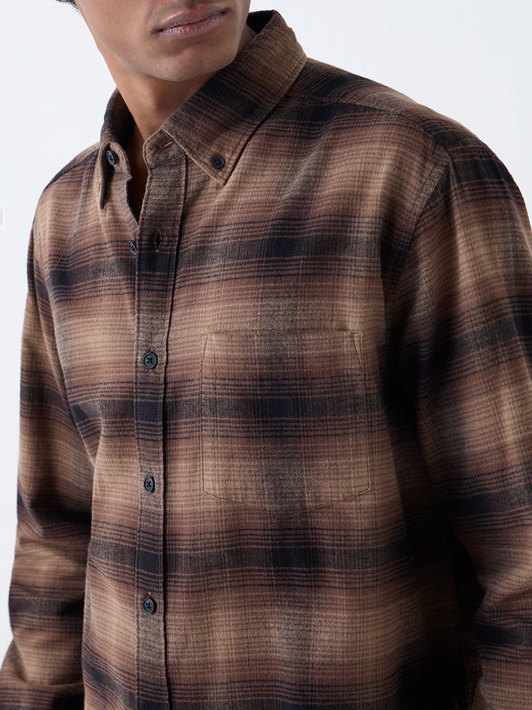 WES Casuals Brown Checks Printed Relaxed-Fit Cotton Shirt - Image 3