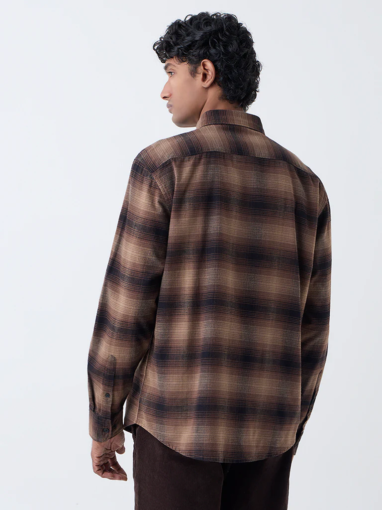 WES Casuals Brown Checks Printed Relaxed-Fit Cotton Shirt - Image 4